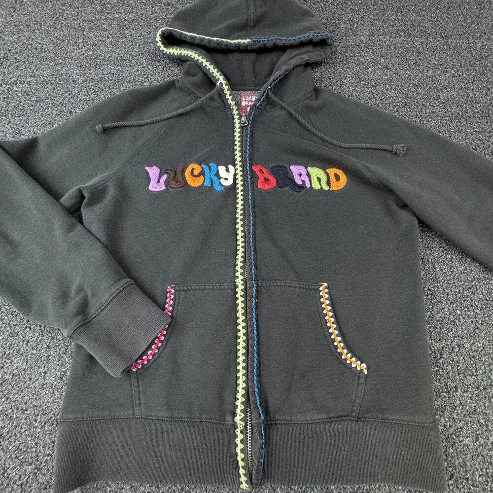 Lucky Brand Hoodie Womens M Black Full Zip Lined Hooded Pockets Embroidered